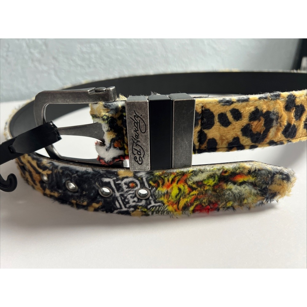 New Ed Hardy Belt Size 36 Tiger Leopard Print Studded Faux Fur Y2K